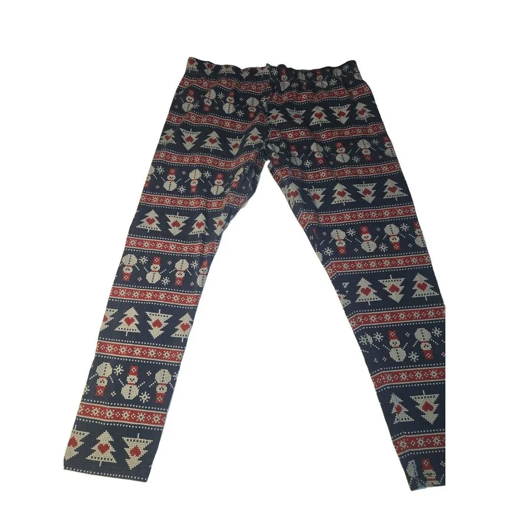 Junior Womens Blue & Red Snowman & Christmas Tree Holiday Leggings Pants XXL